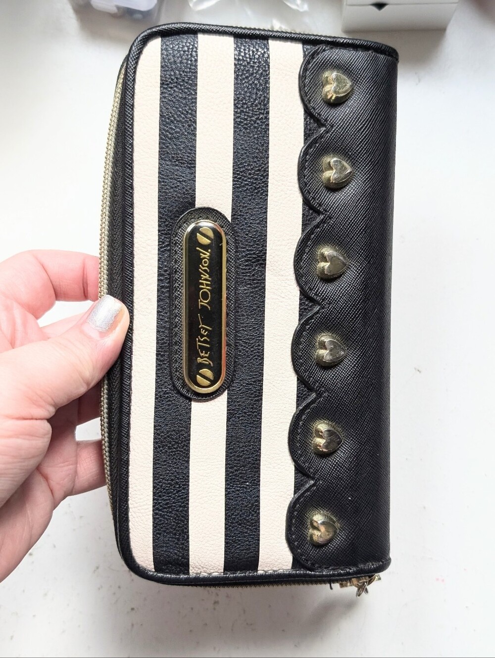 Betsey Johnson Black & White Striped Zip Wallet